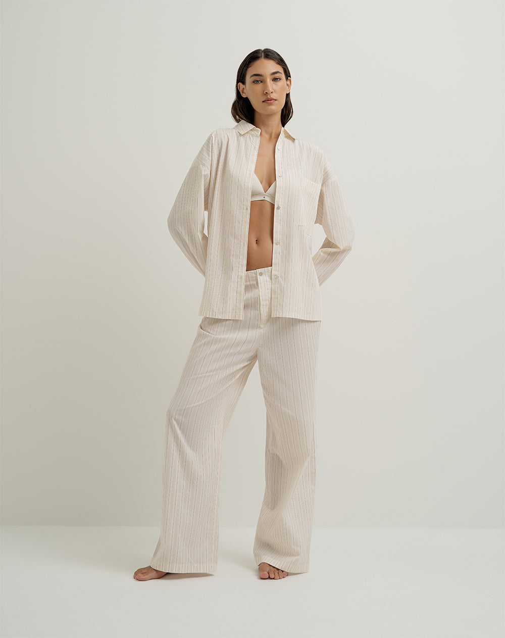 Camisa de pijama mujer algodón beige rayas