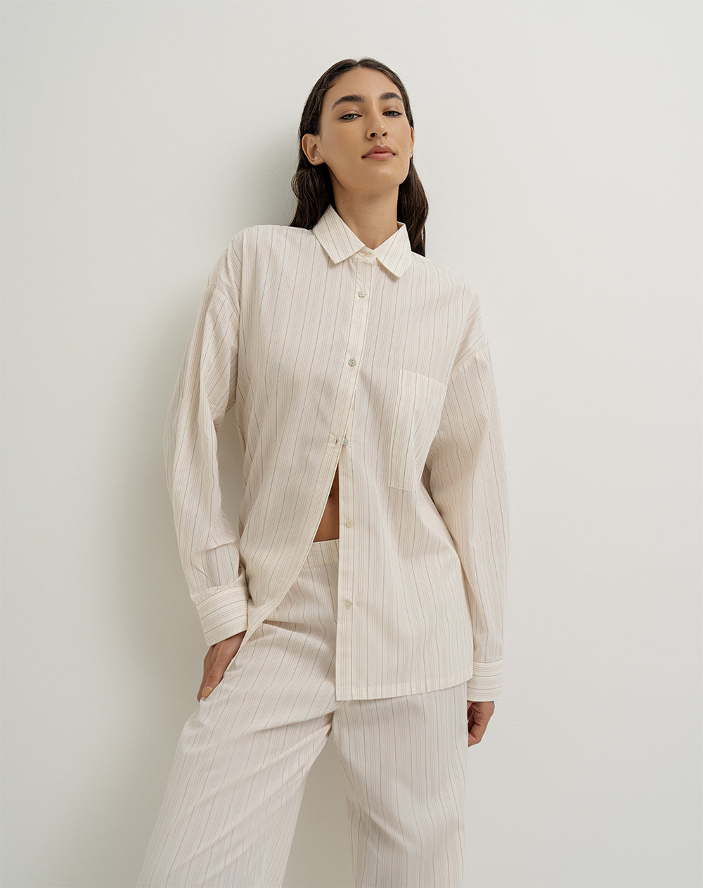 Camisa de pijama mujer algodón beige rayas