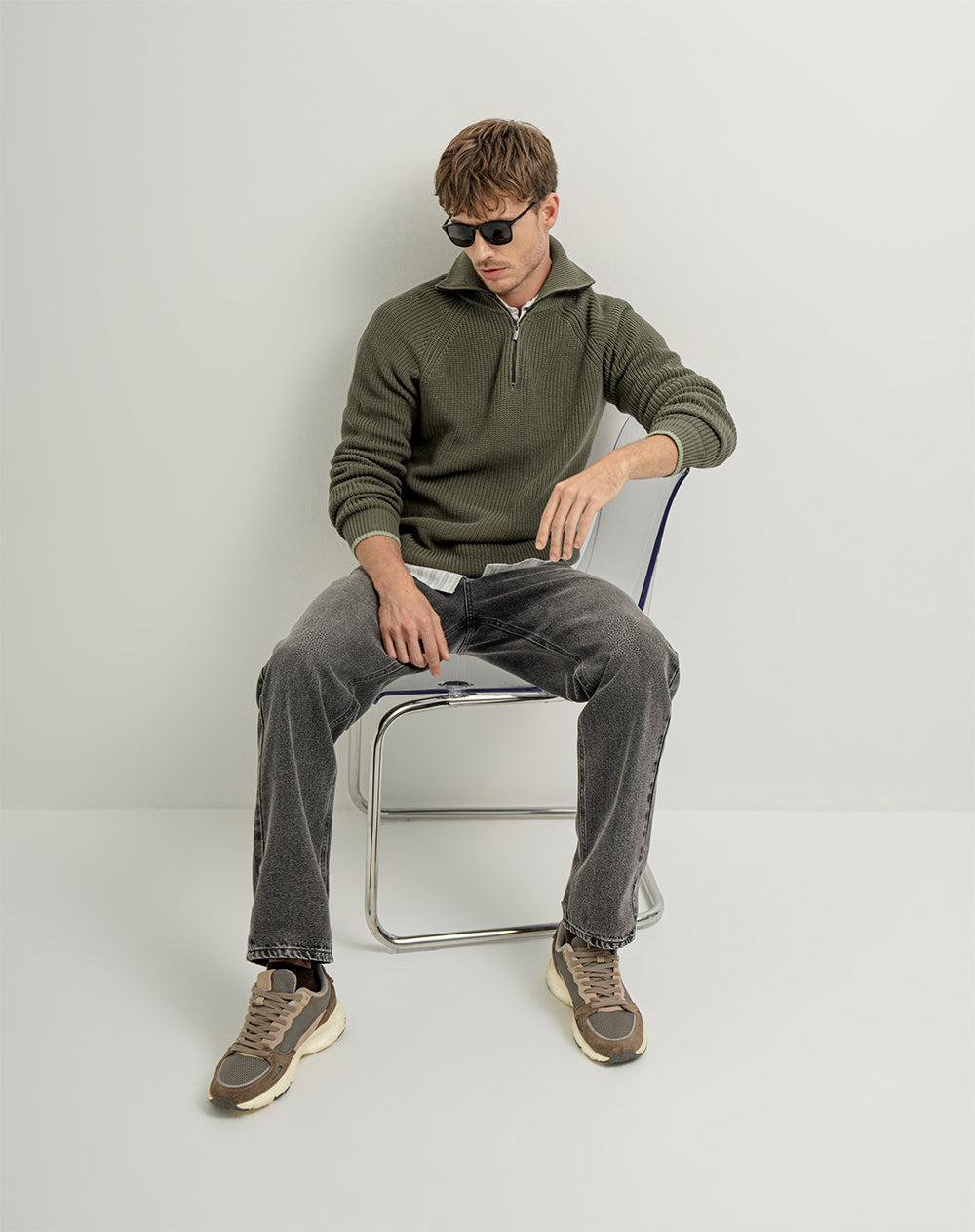 Suéter regular tejido de punto algodón verde hombre