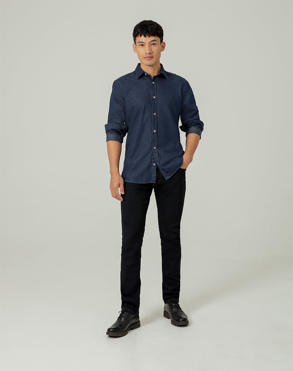 Camisa manga larga regular denim en algodón azul hombre