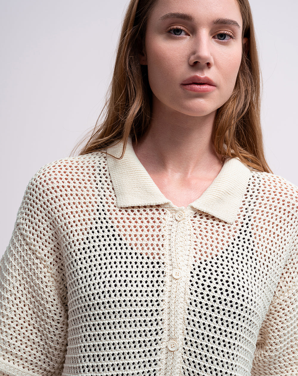 Camisa manga corta loose tejido de punto khaki mujer