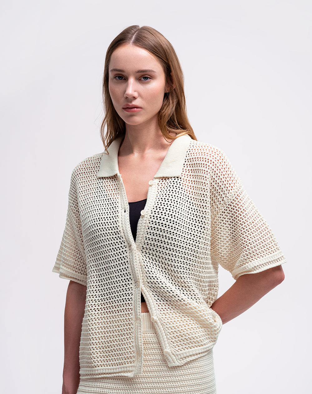 Camisa manga corta loose tejido de punto khaki mujer