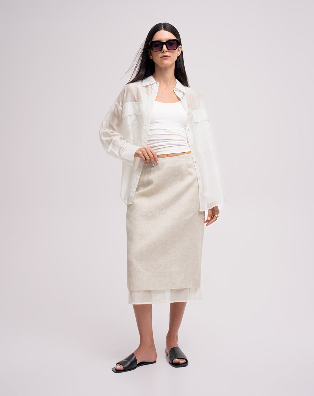 Falda midi tiro alto en lino habano mujer
