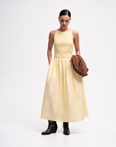 Vestido largo nido de abeja amarillo mujer