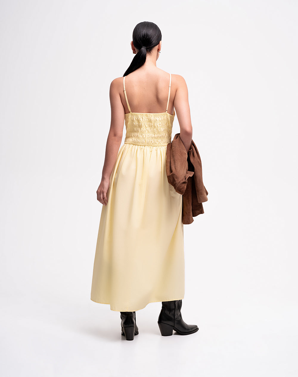 Vestido largo nido de abeja amarillo mujer