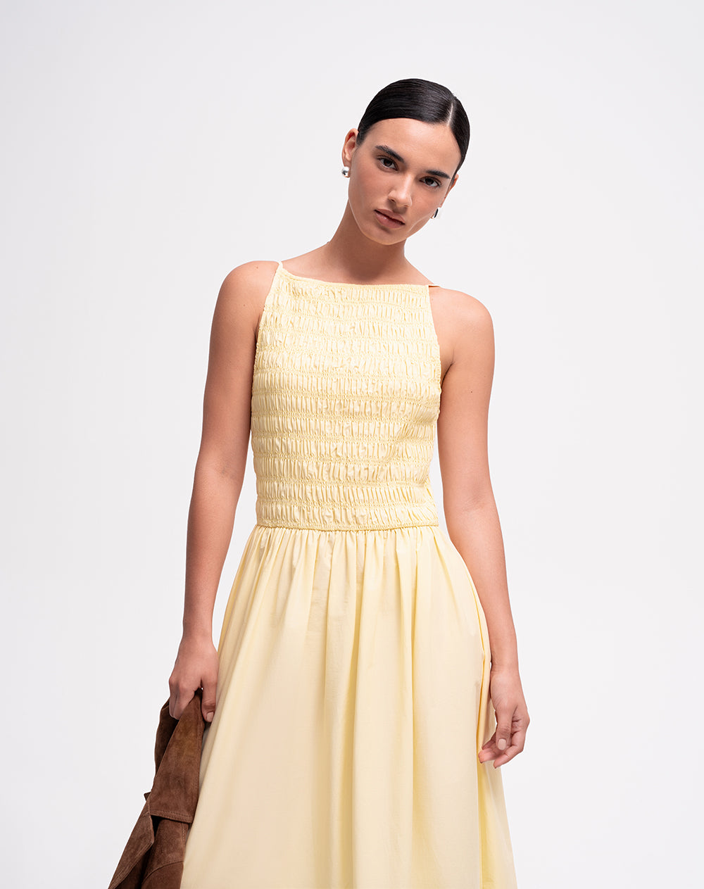 Vestido largo nido de abeja amarillo mujer