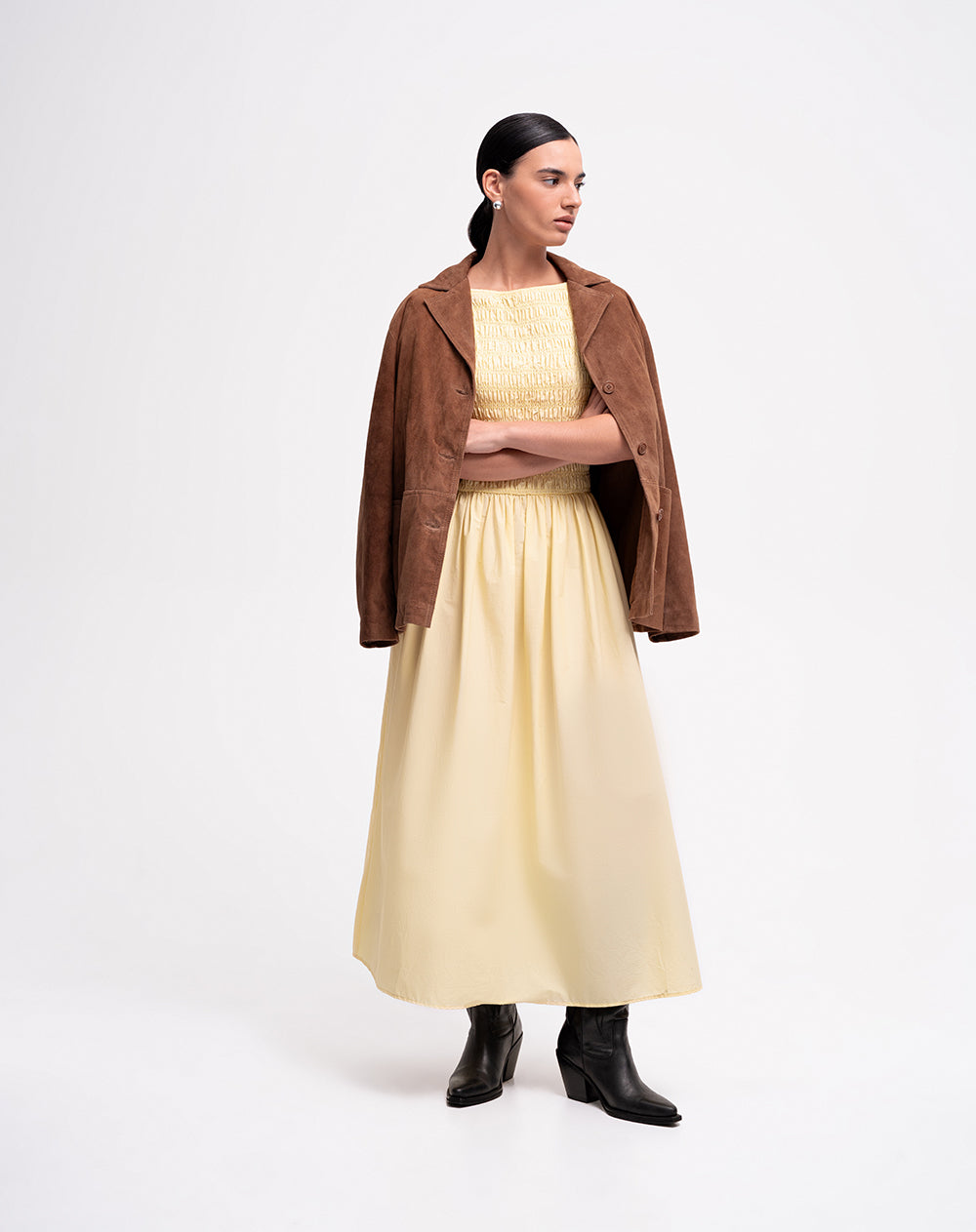 Vestido largo nido de abeja amarillo mujer