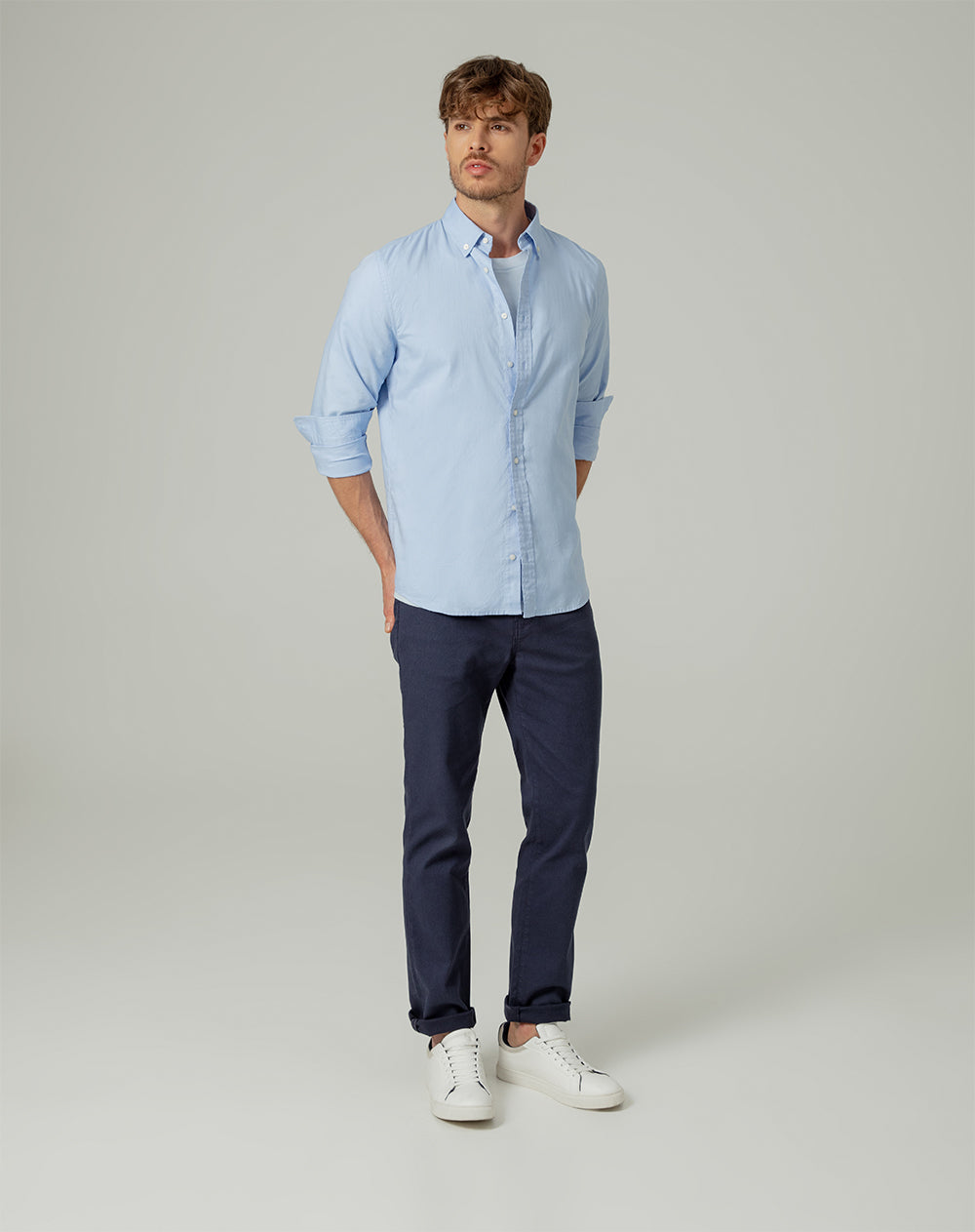 Camisa manga larga regular algodón azul hombre