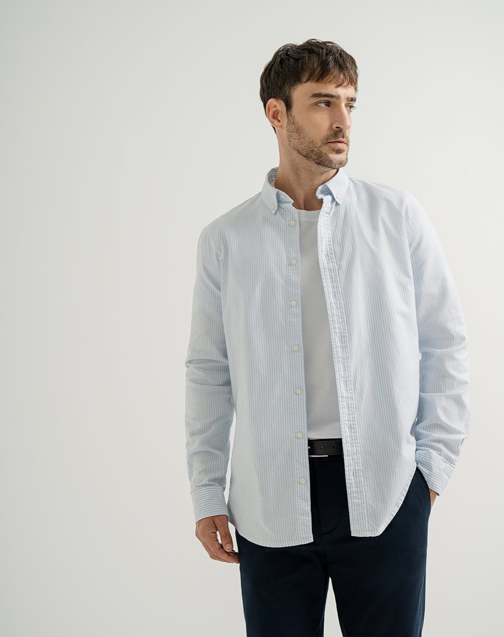Camisa regular fit manga larga azul con rayas