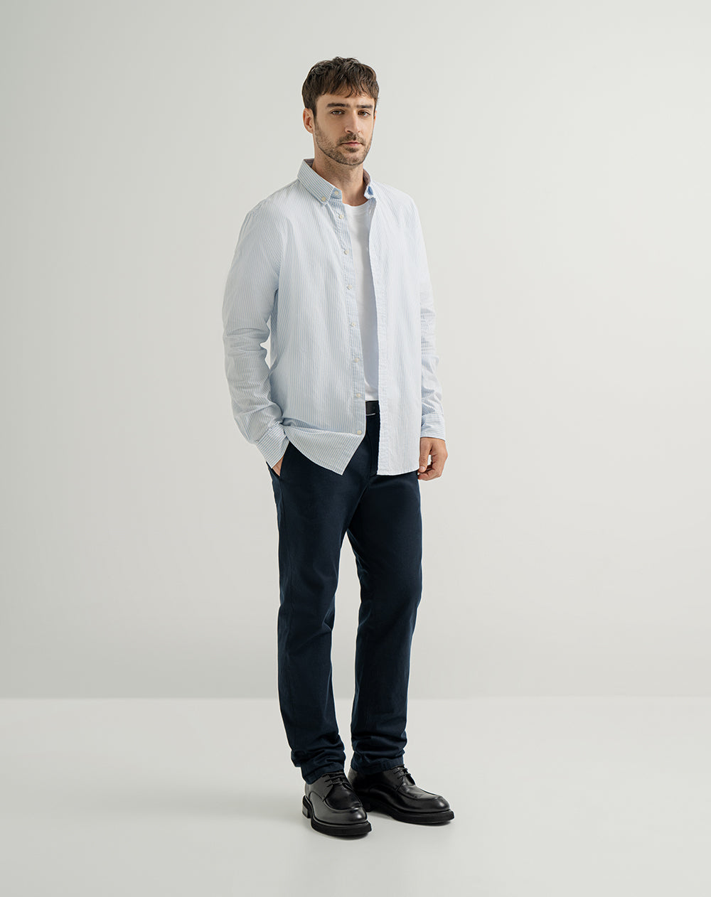 Camisa manga larga regular algodón azul hombre
