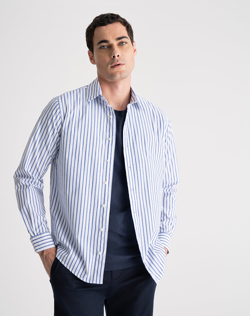 Camisa manga larga regular algodón blanca rayas hombre