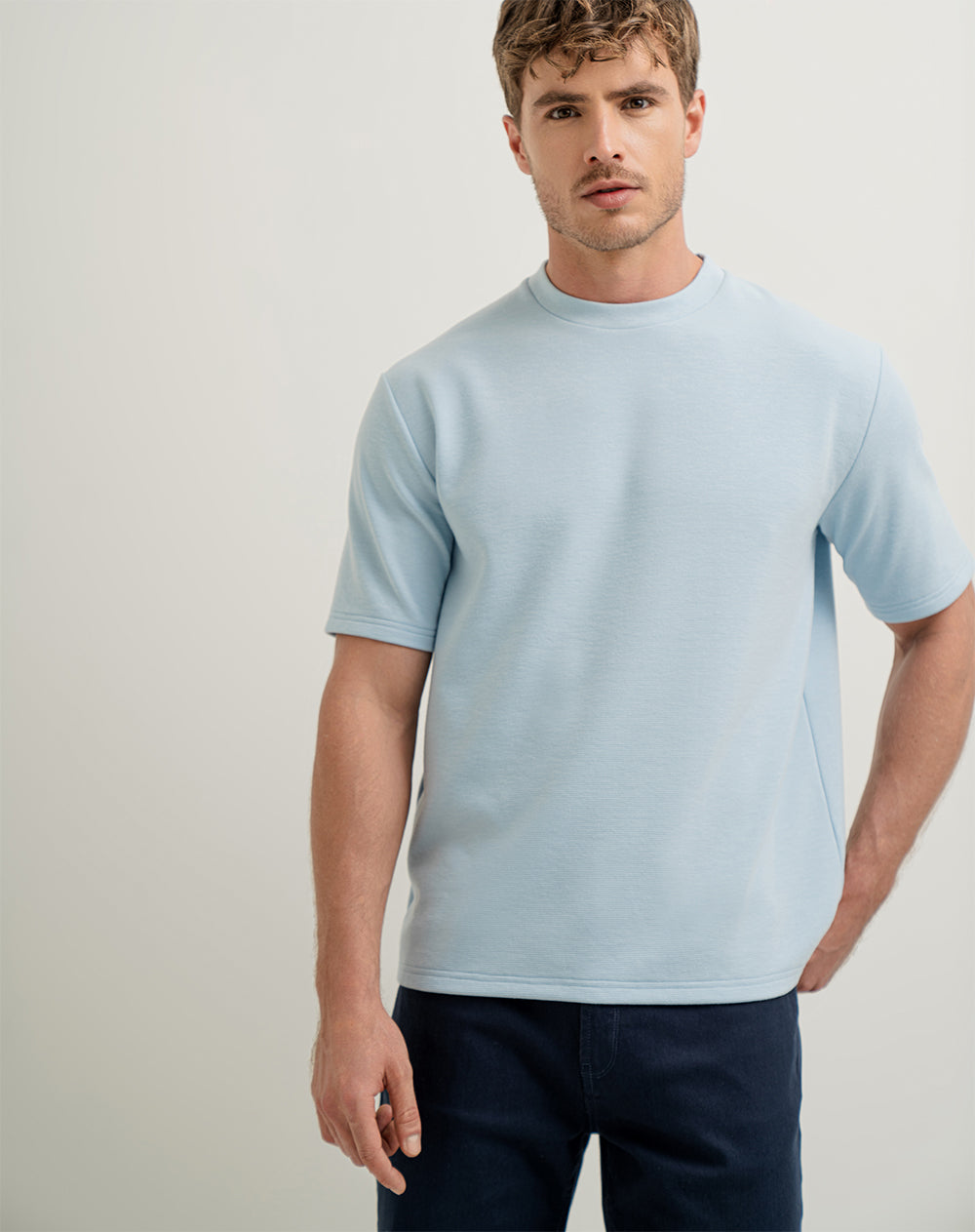 Camiseta oversized fit en tela con textura manga corta azul clara