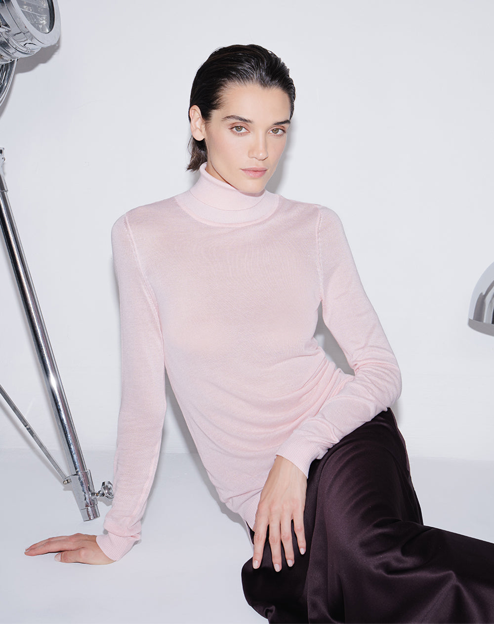Blusa cuello alto manga larga rosada mujer