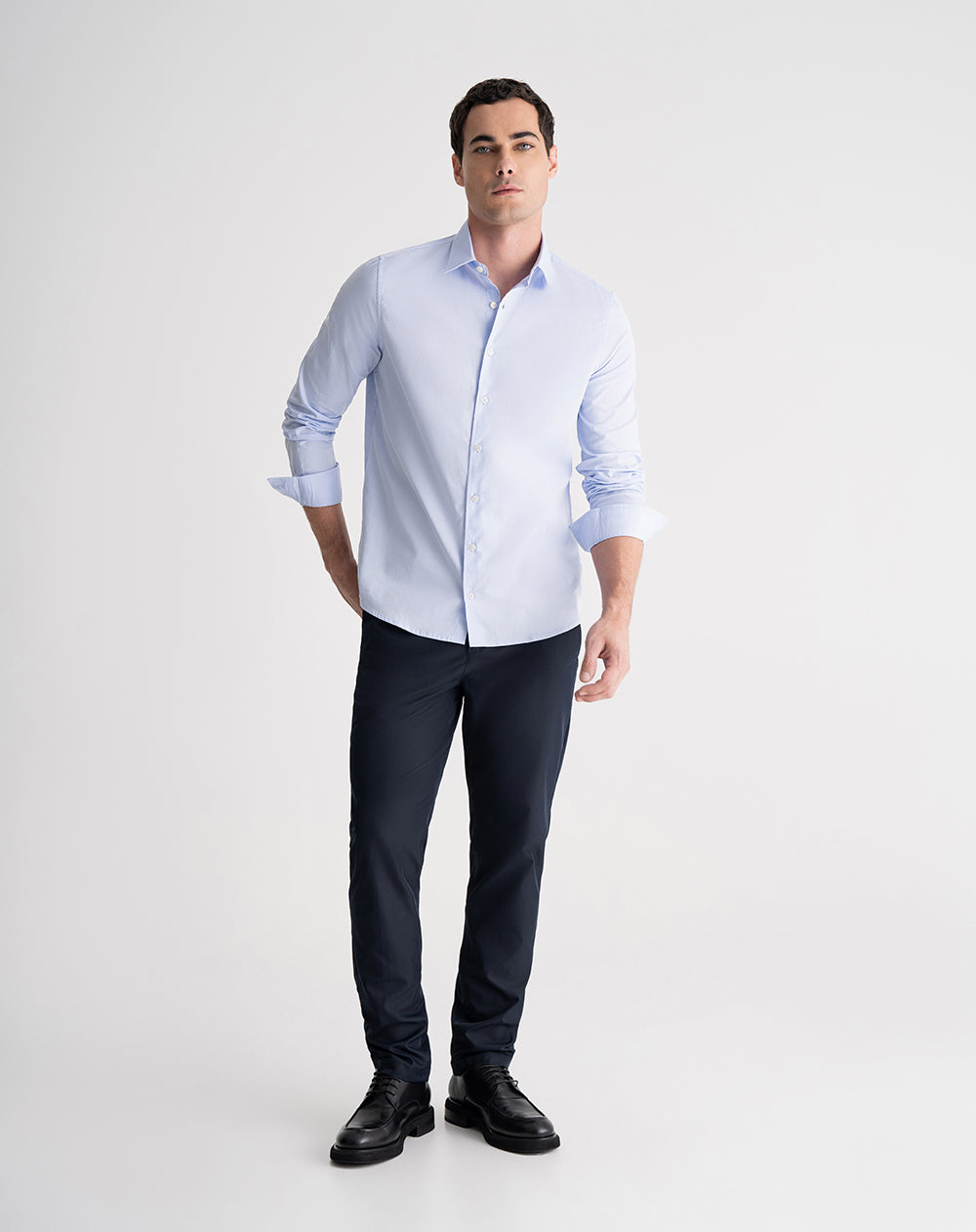 Camisa manga larga regular algodón azul hombre