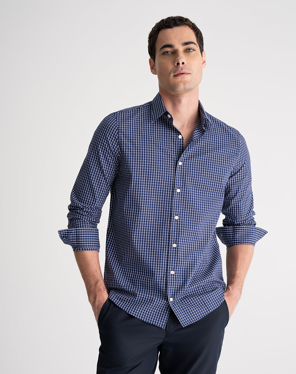Camisa regular fit manga larga azul con cuadros