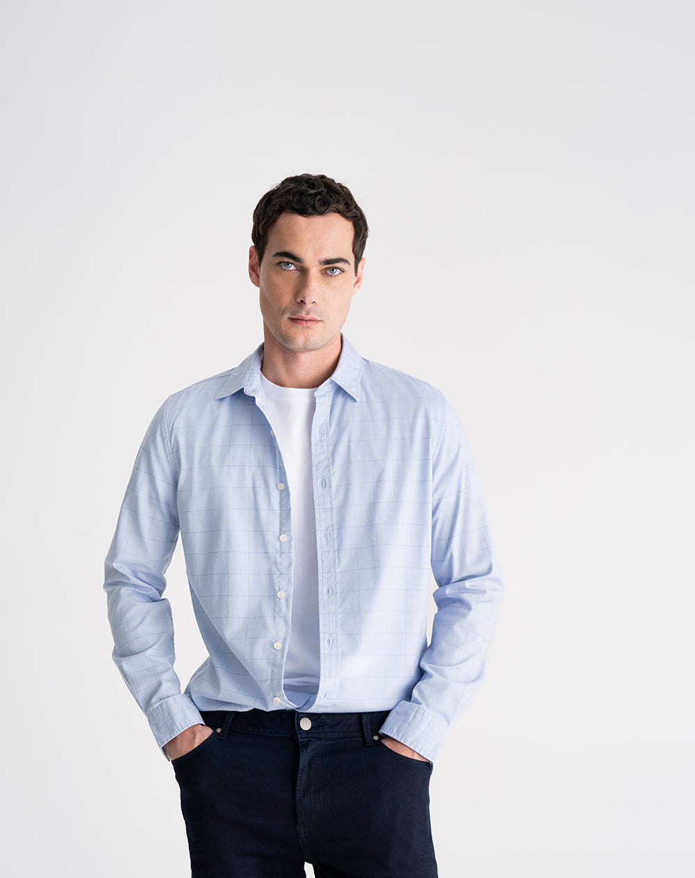 Camisa regular fit manga larga azul con cuadros