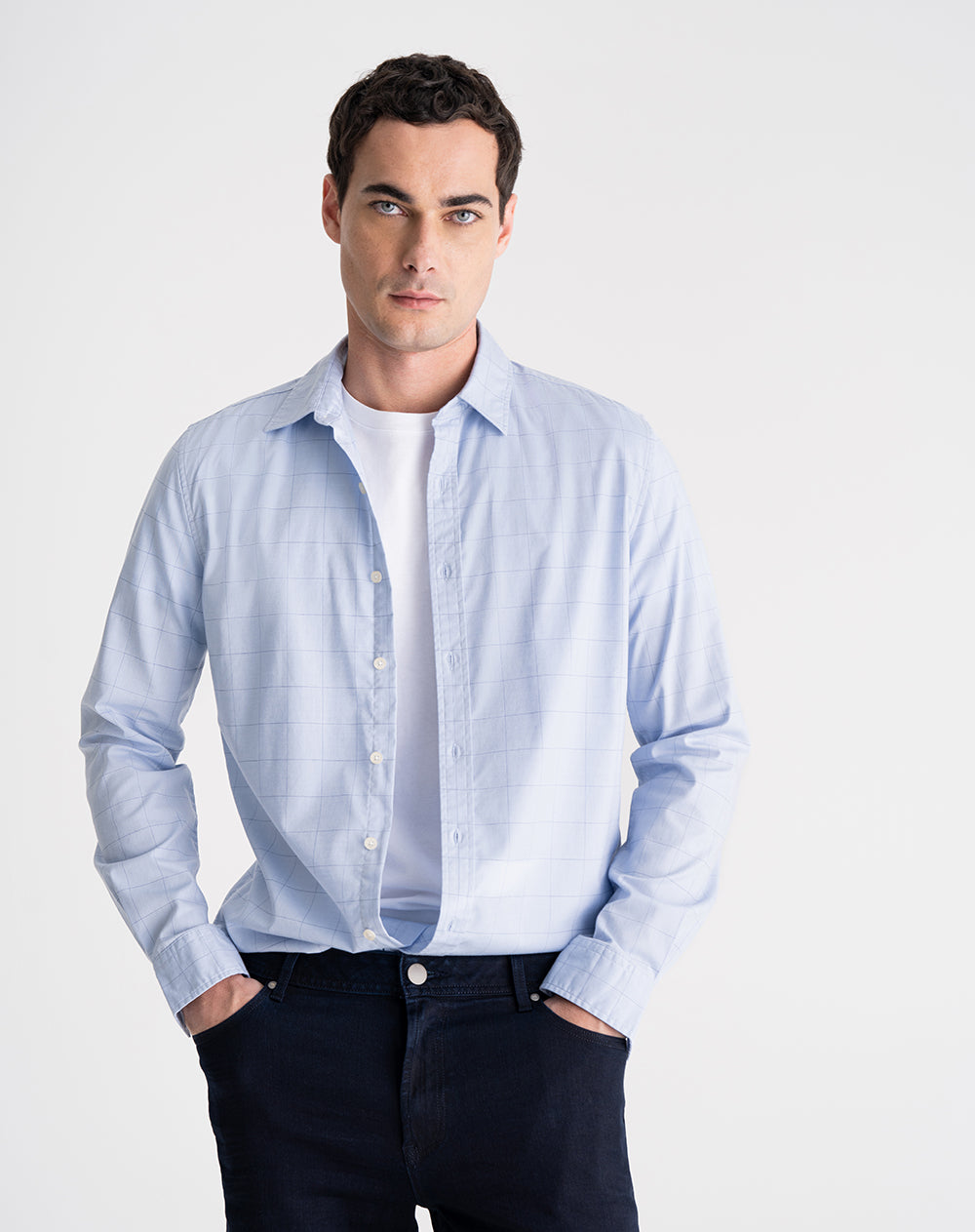 Camisa manga larga regular fit azul cuadros hombre