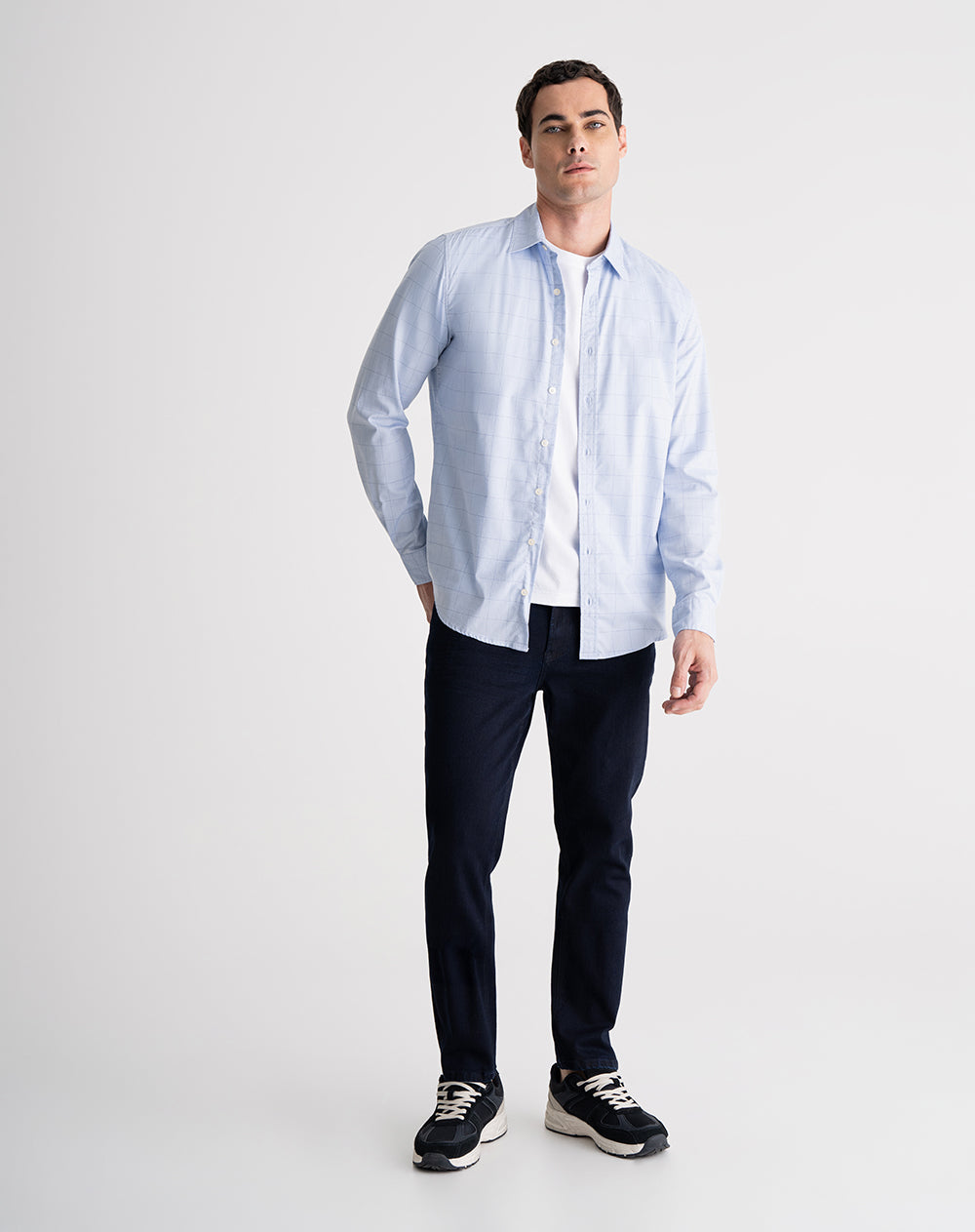 Camisa manga larga regular fit azul cuadros hombre