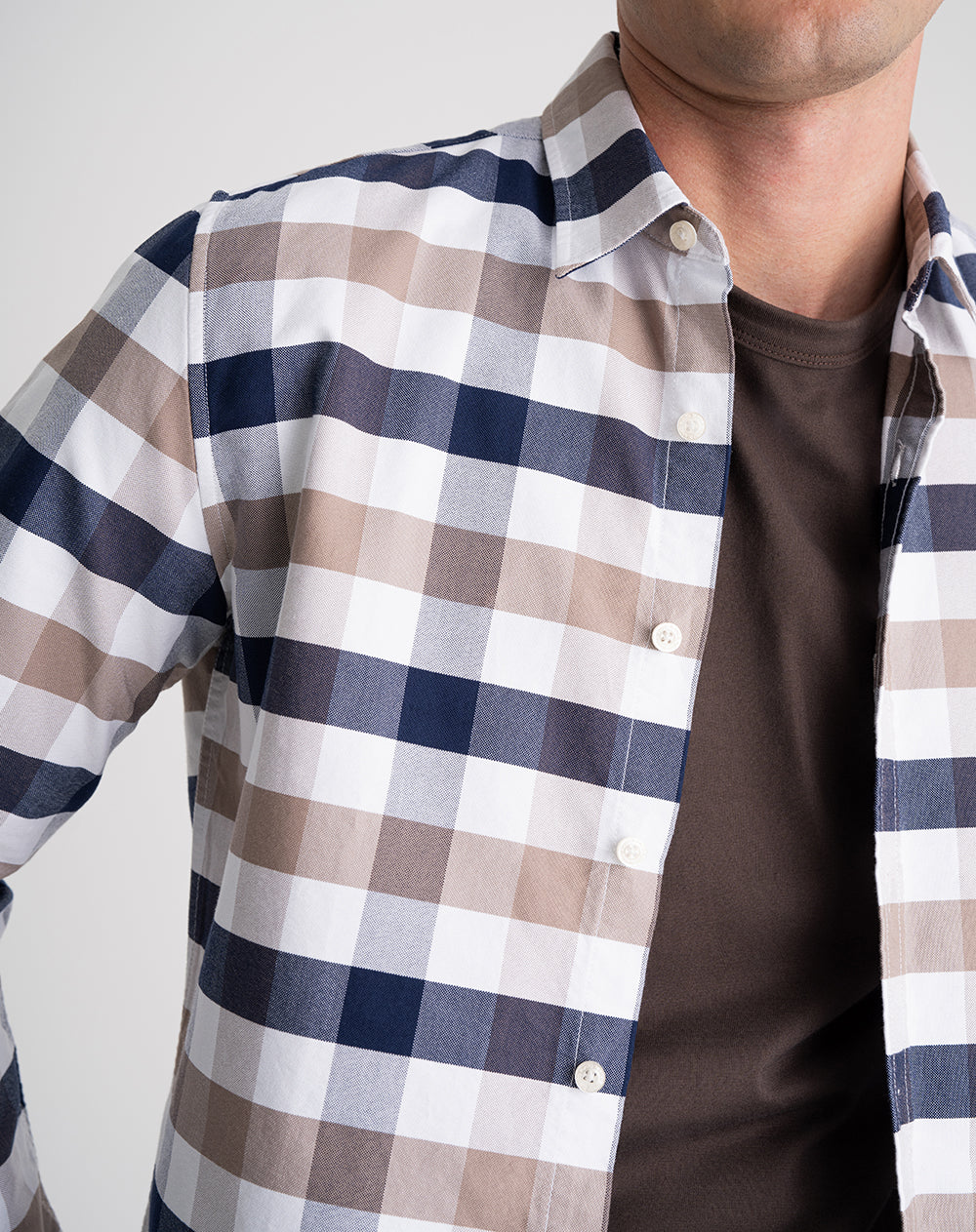 Camisa manga larga regular fit blanco cuadros hombre