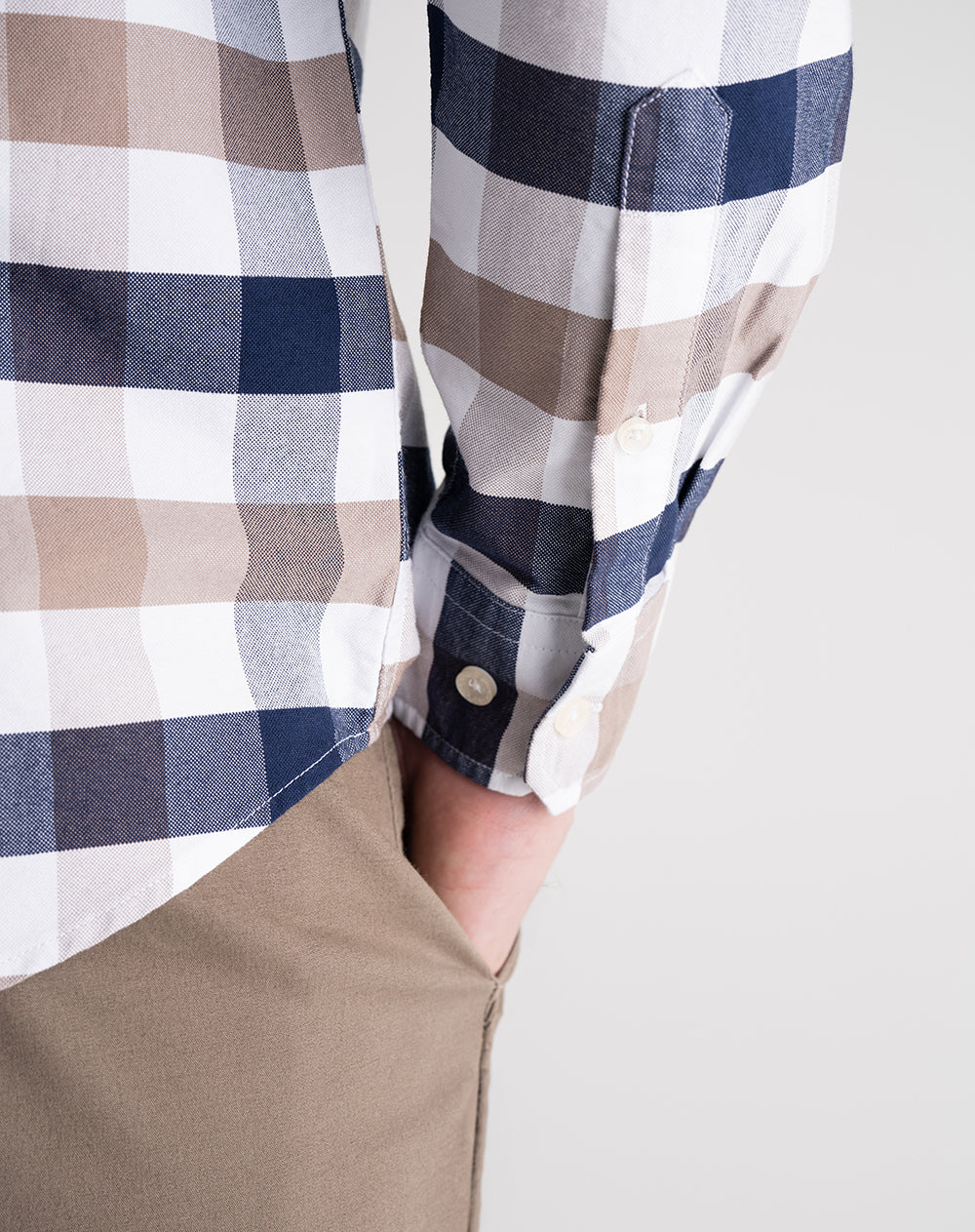 Camisa manga larga regular fit blanco cuadros hombre