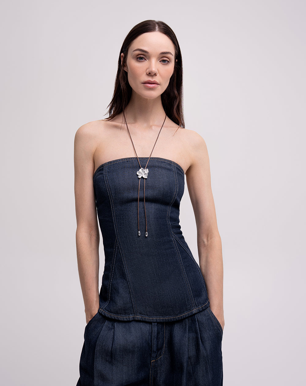 Camisa strapless denim oscuro mujer
