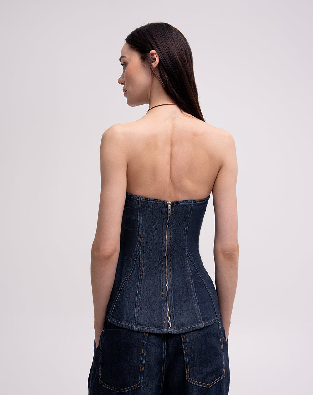 Camisa strapless denim oscuro mujer