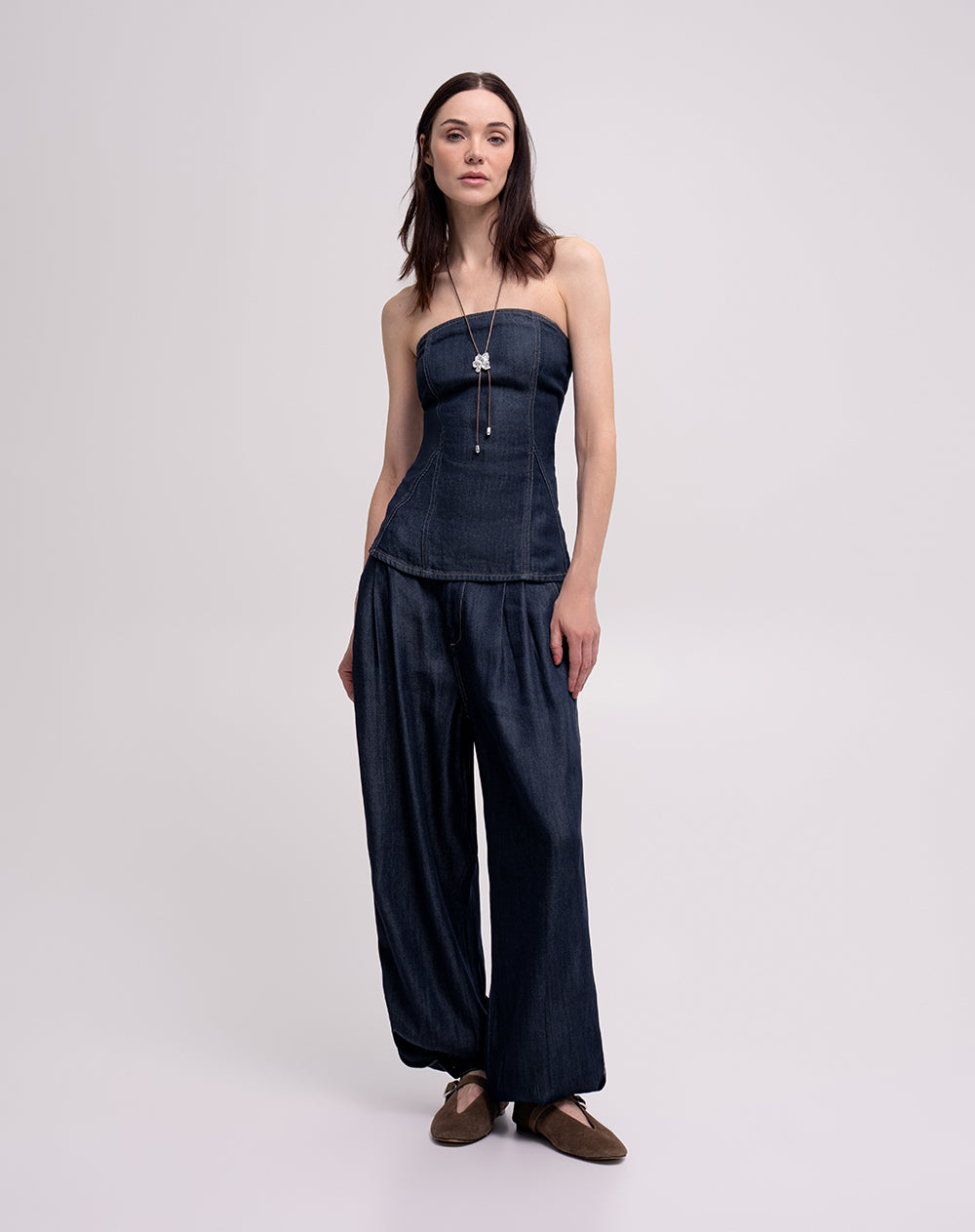 Camisa strapless denim oscuro mujer