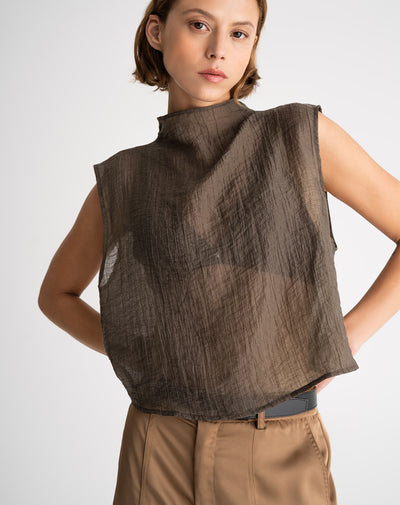Blusa transparencia efecto arrugado café mujer