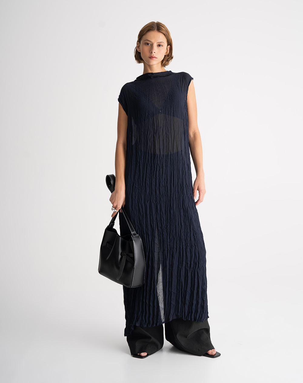 Vestido largo efecto arrugado azul mujer