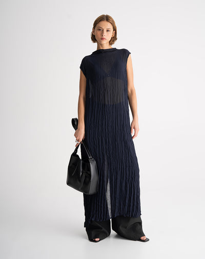 Vestido largo efecto arrugado azul mujer