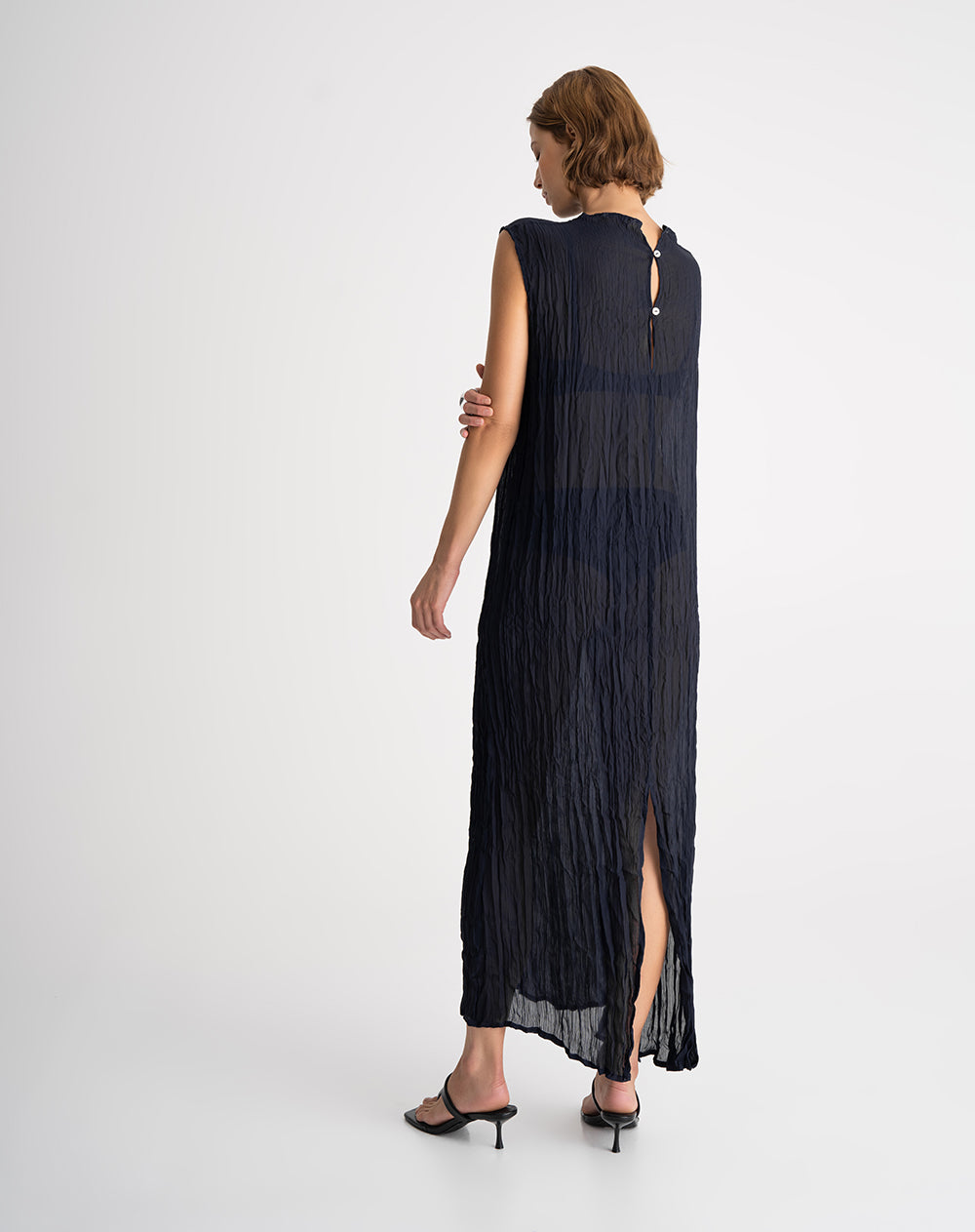 Vestido largo efecto arrugado azul mujer