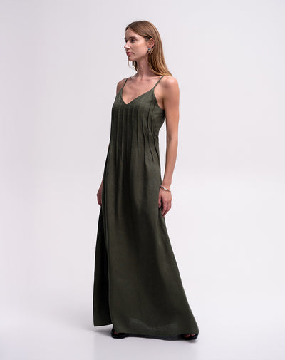 Vestido largo en lino verde mujer
