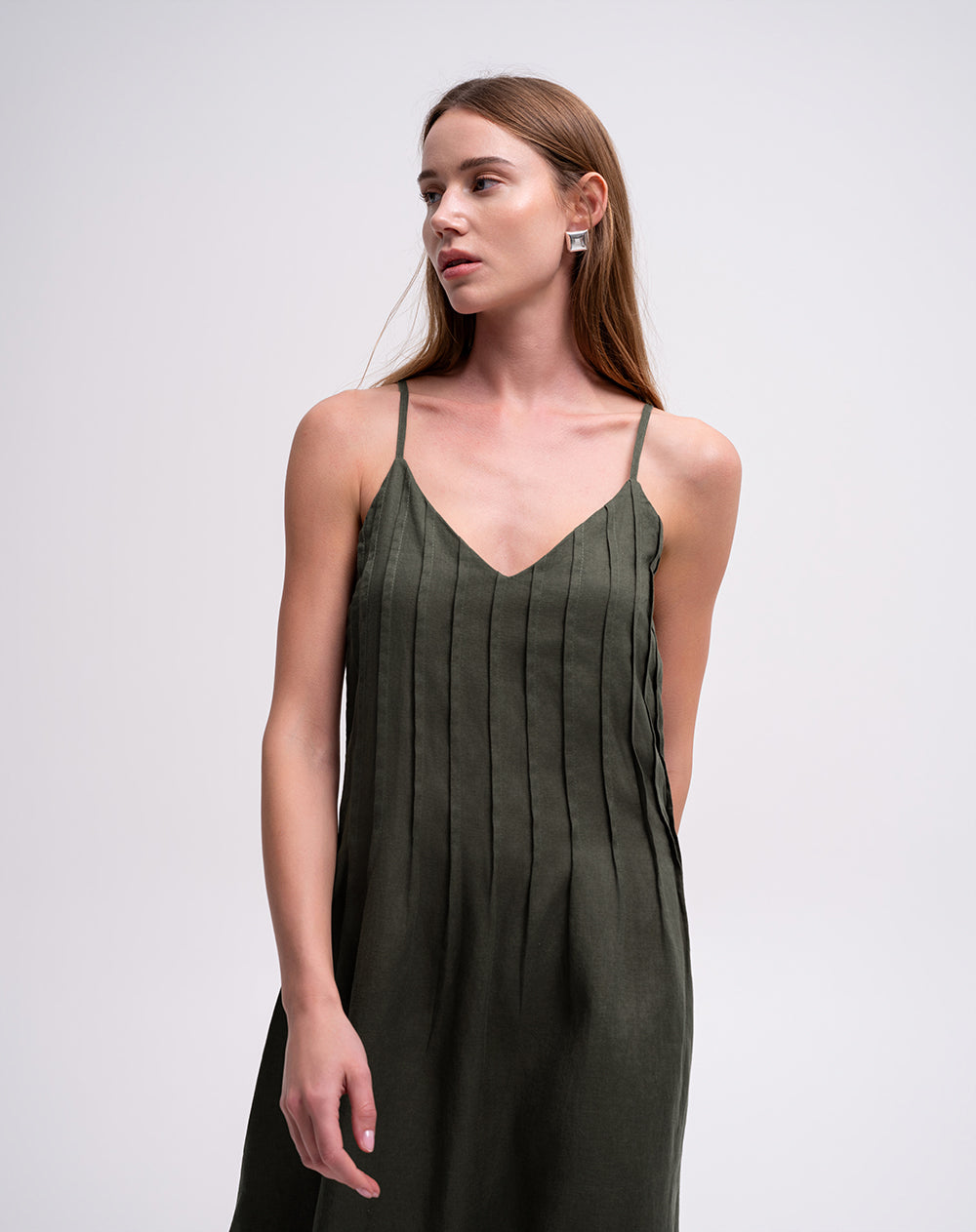 Vestido largo en lino verde mujer