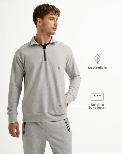 Buzo algodón sostenible cuello alto gris para hombre