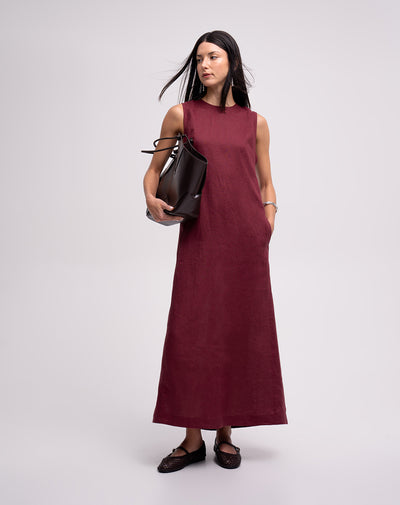 Vestido largo silueta tipo A lino vinotinto mujer