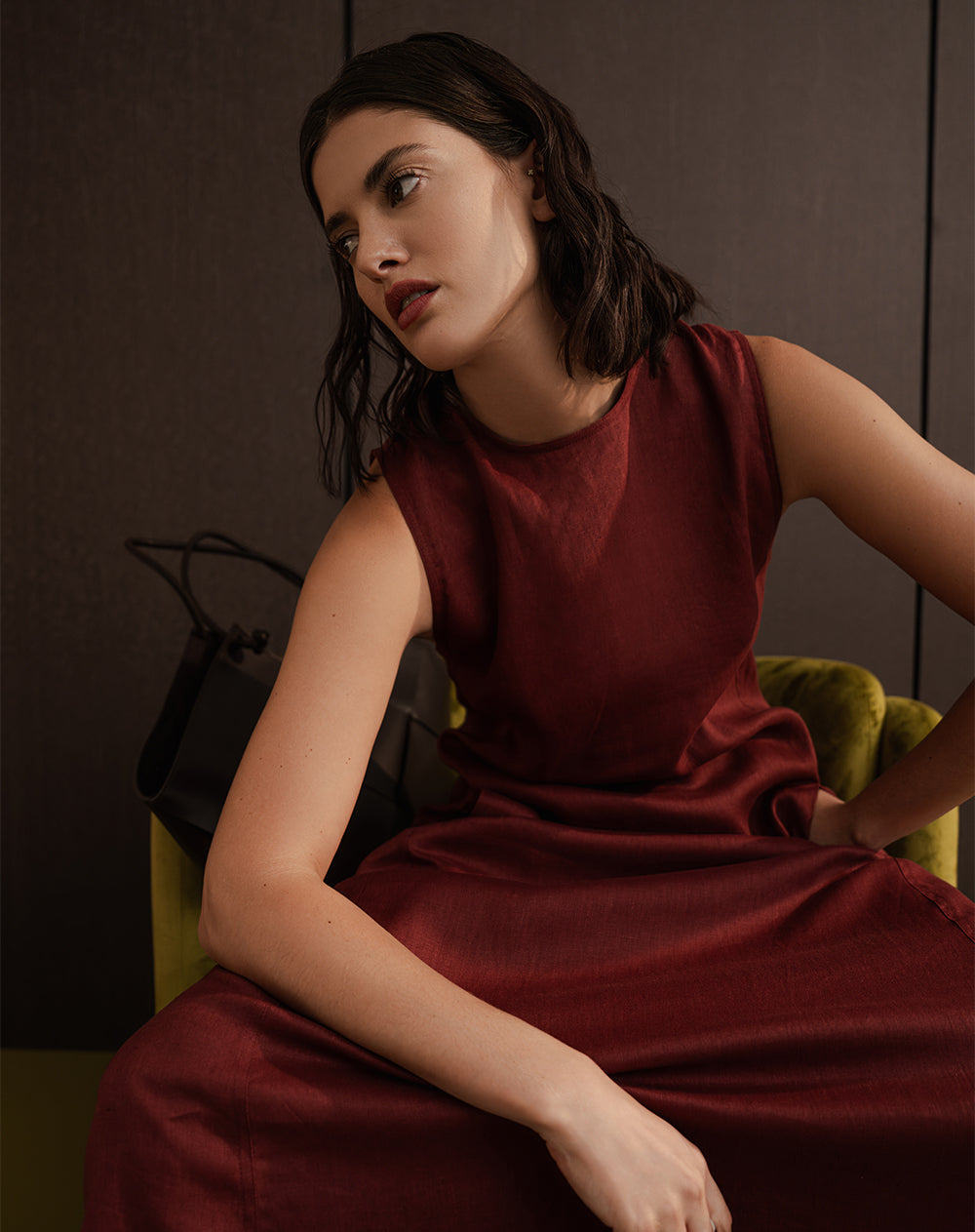 Vestido largo silueta tipo A lino vinotinto mujer