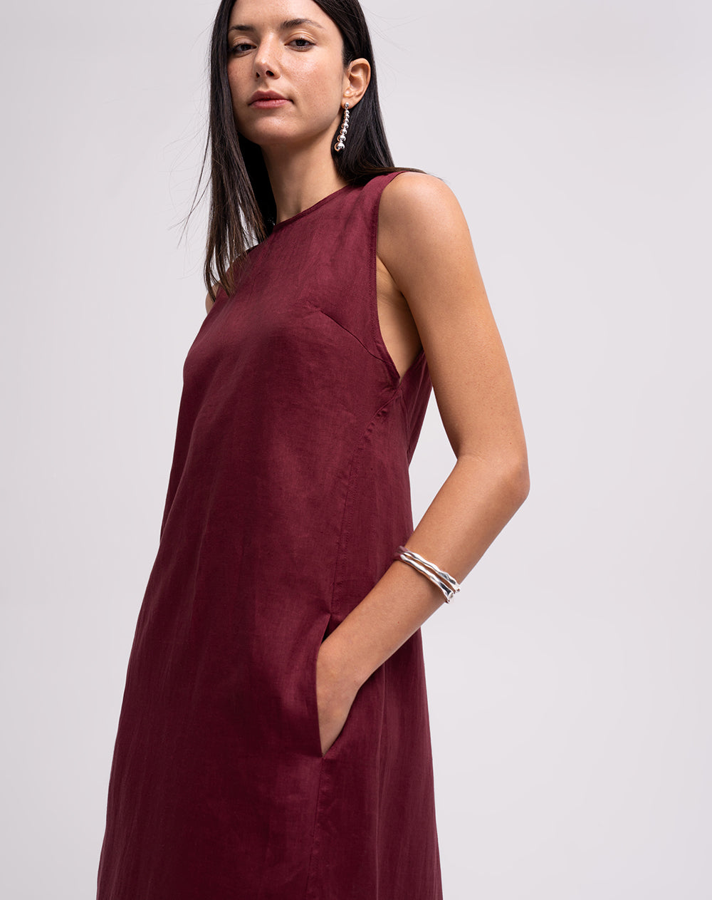 Vestido largo silueta tipo A lino vinotinto mujer