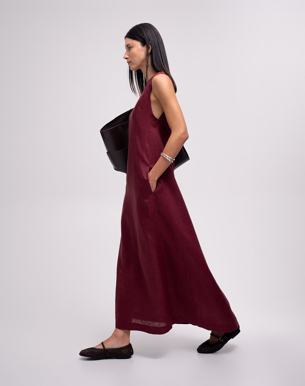 Vestido largo silueta tipo A lino vinotinto mujer