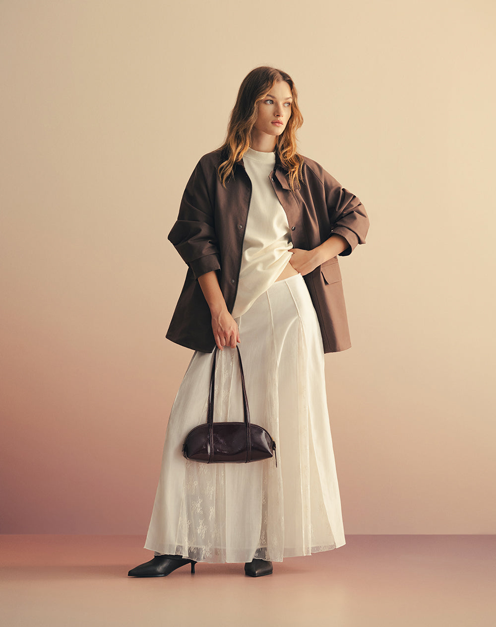 Falda larga tiro alto con encaje crema mujer