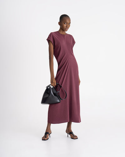 Vestido midi drapeado vino tinto mujer