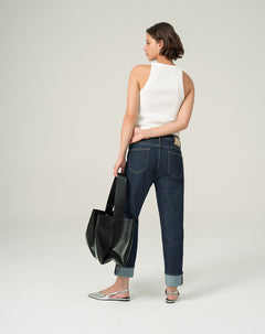 Jean mom fit fit tiro medio azul indigo