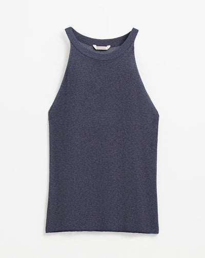 Blusa ajustada tejida acabado brillo azul mujer