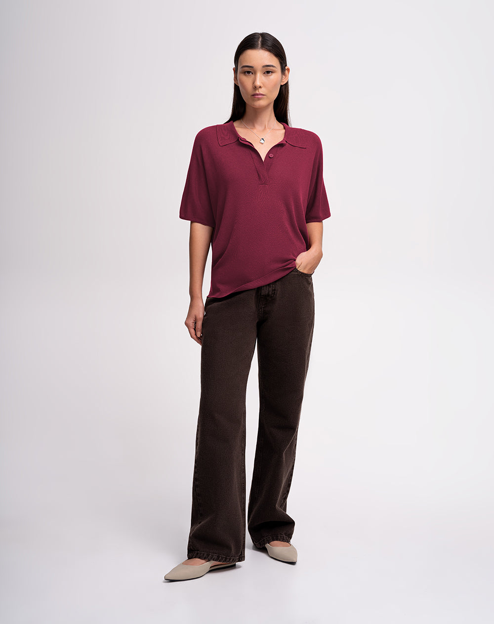 Polo regular tejido de punto vinotinto mujer