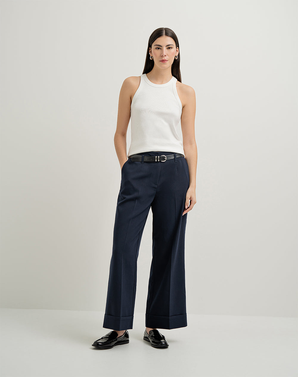 Pantalón wide leg tiro alto + correa azul mujer