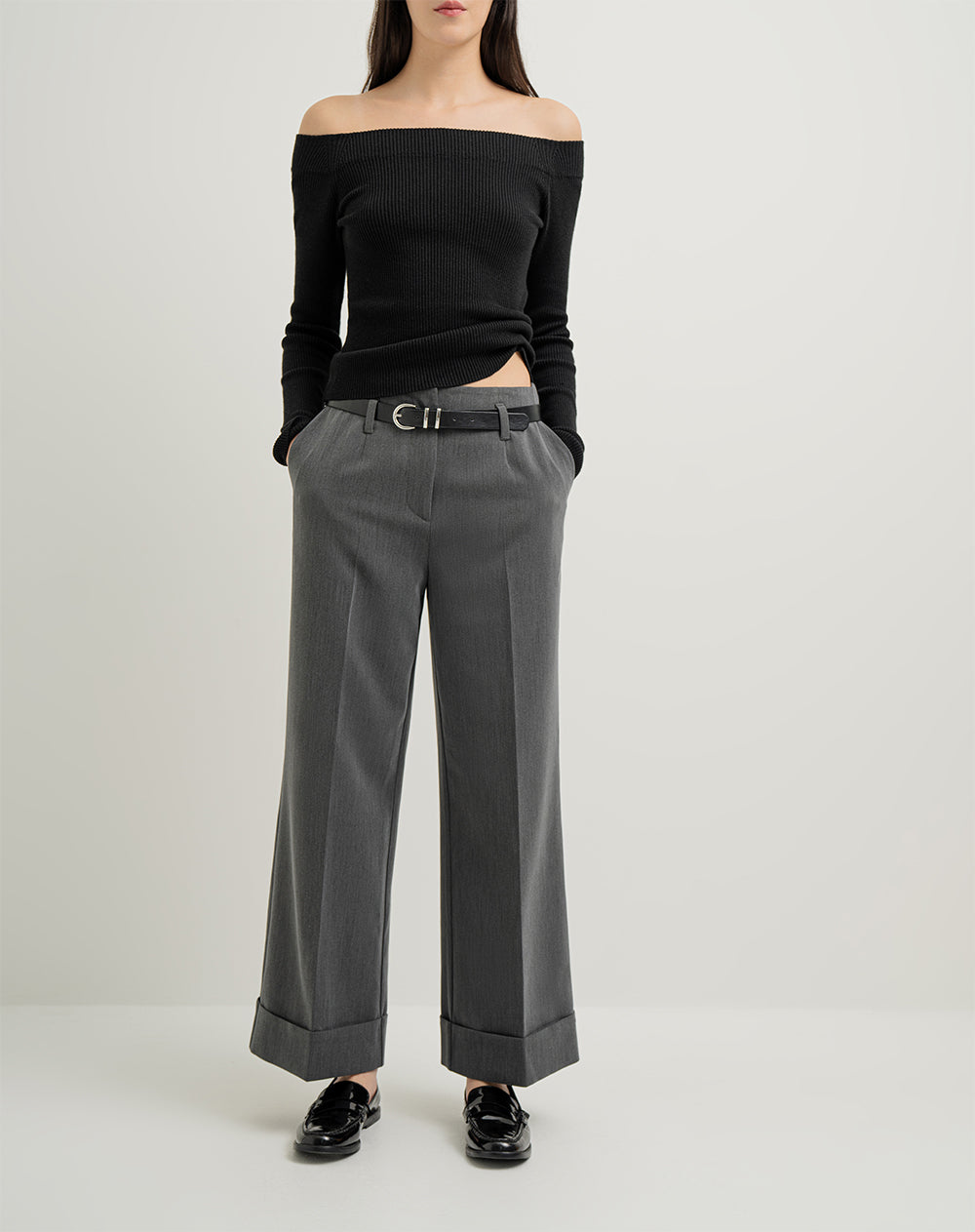 Pantalón wide leg tiro alto + correa gris mujer