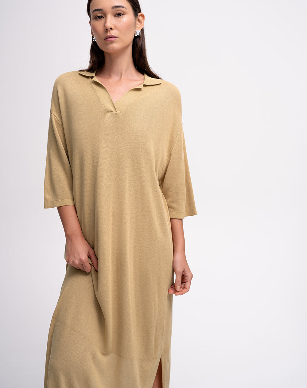 Vestido largo tejido de punto café mujer