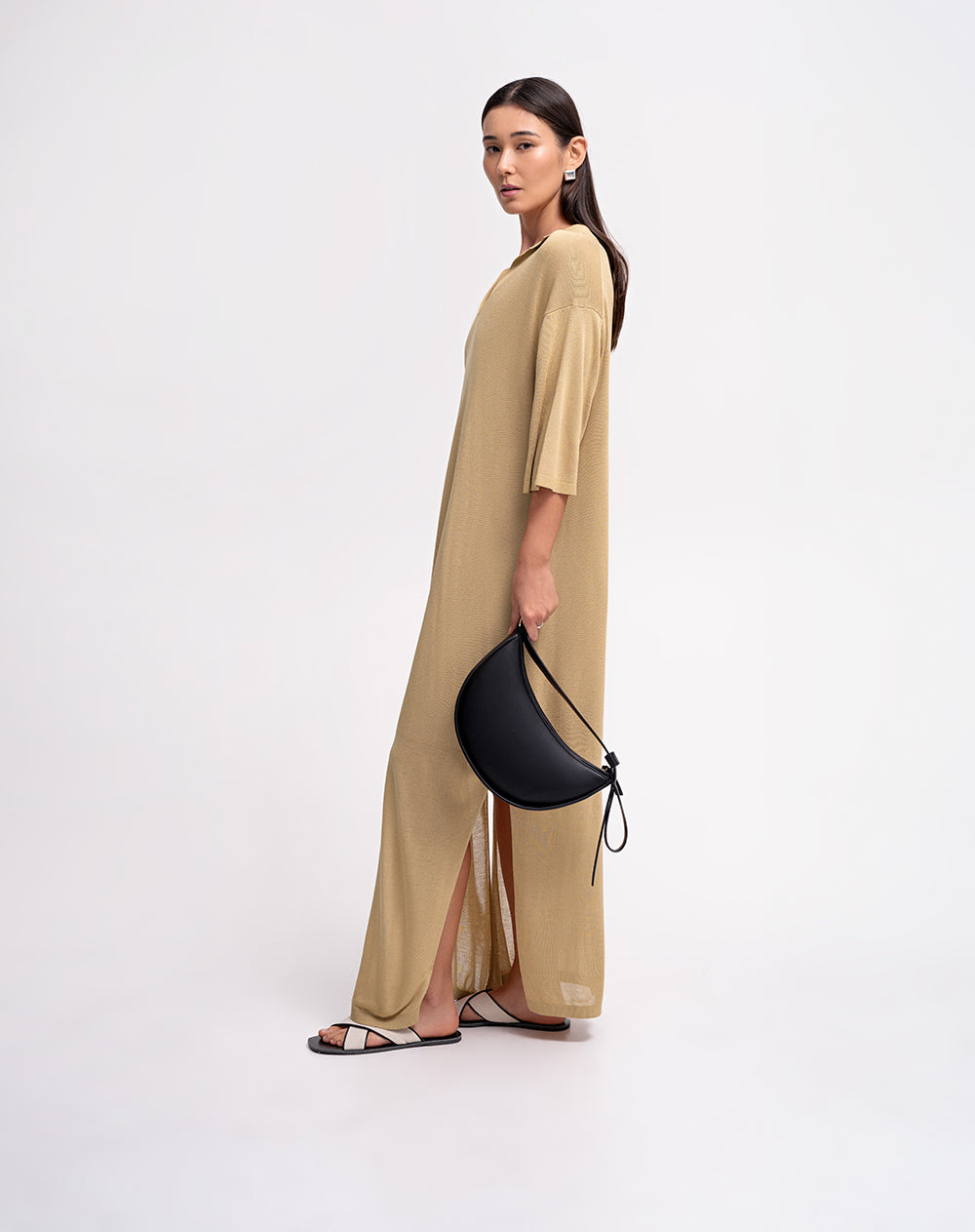 Vestido largo tejido de punto café mujer