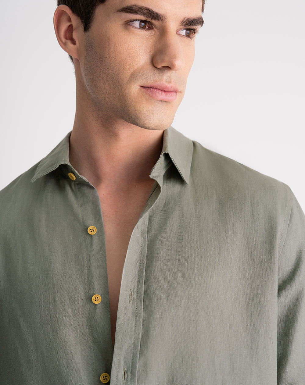Camisa manga larga regular lino verde hombre