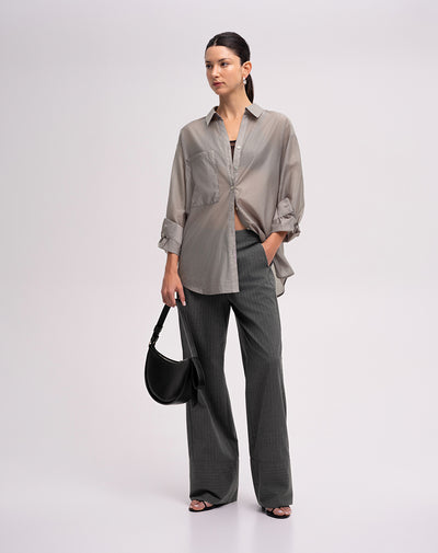 Pantalón straight leg pinstripes tiro alto gris mujer