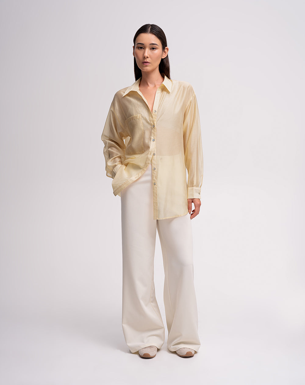 Camisa manga larga oversize transparencia amarilla mujer